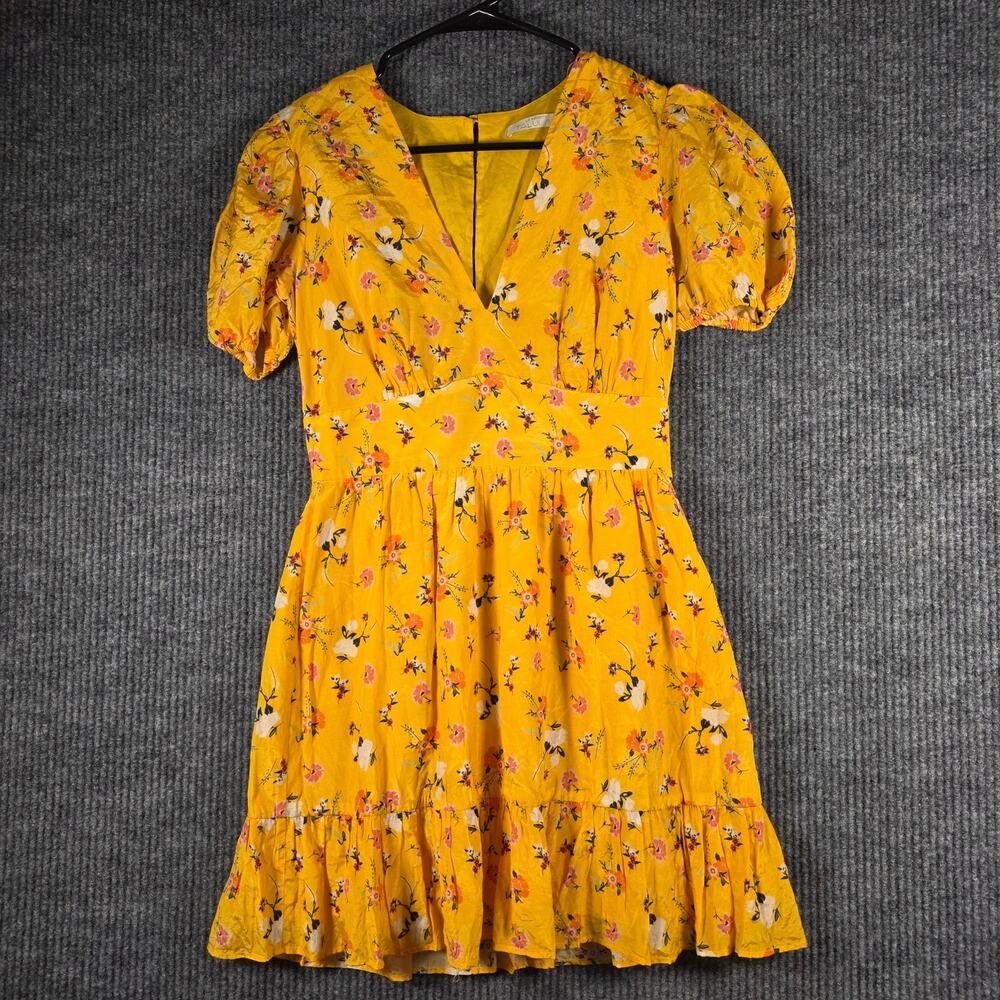 Talulah Yellow Floral Dress XS Puff Sleeve V Neck Fit Flare Mini